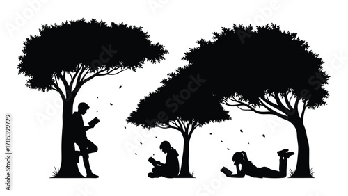 People reading under trees silhouette isolated on white background, Vector