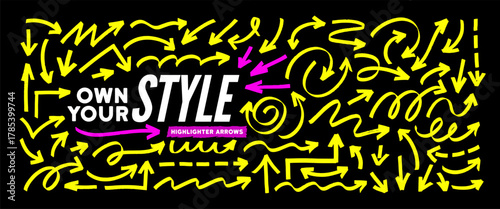 Bright yellow highlight marker arrows to emphasize text design. Hand drawn vector collection of wavy, straight and dotted arrows. Doodle set of marker lines and shapes for hand drawn notes.