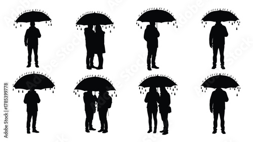 People with umbrellas silhouettes isolated on white background, Vector