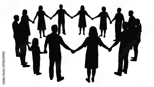 People holding hands in a circle silhouette isolated on white background, Vector