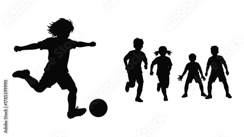 Children playing soccer silhouettes isolated on white background, Vector