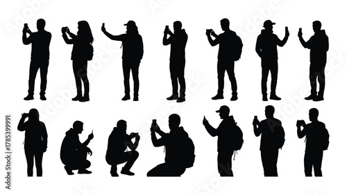 People using smartphones silhouettes isolated on white background, Vector