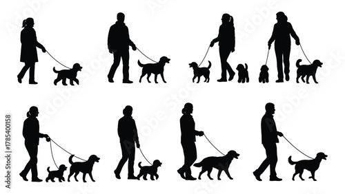 People walking dogs silhouette set isolated on white background, Vector