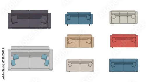 Nine Top-Down Views of Colorful Sofas for Home Interior Design and Decoration