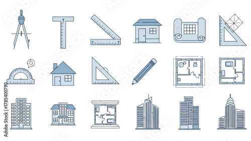 Architectural Engineering Planning and Construction Blueprint Icons for Modern Building Design and Development