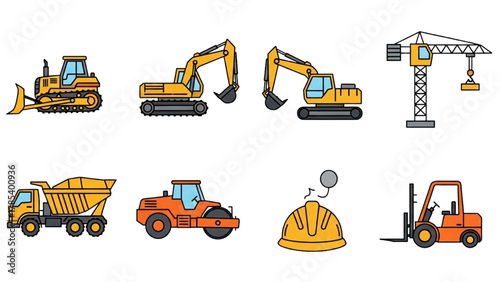 Essential Heavy Construction Machinery and Industrial Equipment Vector Icons Set