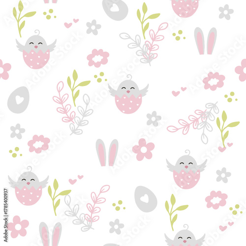 Colorful Easter bunny with eggs and flowers. Easter basket with eggs and sheep. Easter parity and pattern. Easter background for postcard, banner.	