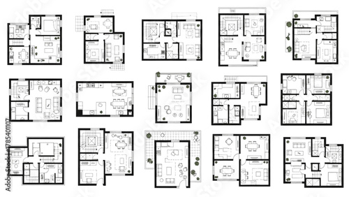 Detailed home blueprints and apartment layout schematics for architectural interior design projects