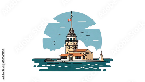 Stylized vector illustration of the iconic Maiden's Tower, a historic landmark in Istanbul, Turkey