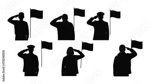 Saluting figures with flags silhouette collection isolated on white background, Vector