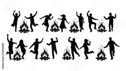 People dancing around campfires silhouettes isolated on white background, Vector