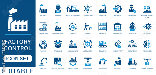 Factory icon set. featuring industry, production, machine, manufacture, warehouse, fabrication, goods, Technology, Engineering, Logistics, Efficiency and more. perfect vector icons collection.