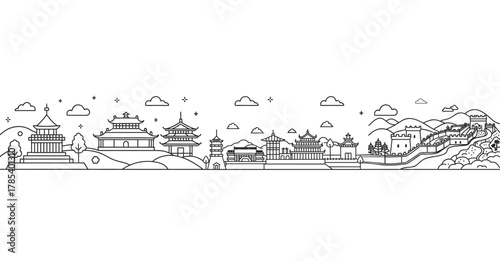 Chinese cultural architecture and landmarks, Panoramic Line Art Of Chinese Temples, Pagodas, And The Great Wall Skyline, Ancient Historic Landscape