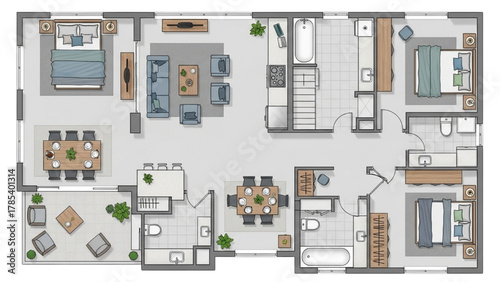 Modern Home Floor Plan with Multiple Bedrooms, Bathrooms, and Living Areas