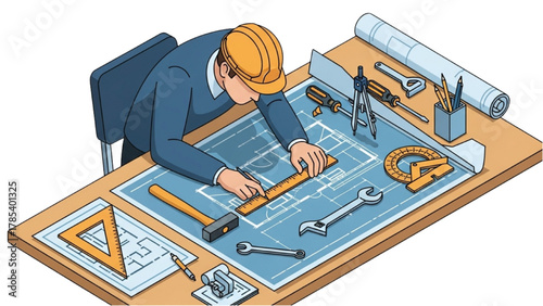 An engineer wearing a safety helmet diligently working on a technical blueprint at a wooden drafting table
