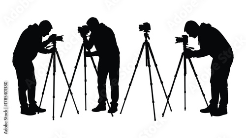 Photographer silhouettes with tripods isolated on white background, Vector