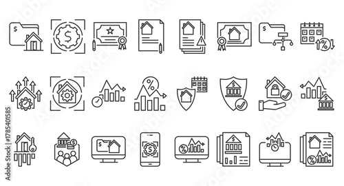 Icon Pack of Mortgage Backed Security in Creative Outline Vector Style for Finance Banking Investment Loan Mortgage Analytics Data Report and Financial Illustration ideal for Financial Analysts