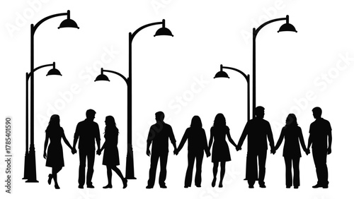 People holding hands under streetlights silhouette isolated on white background, Vector