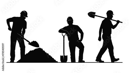 Construction workers with shovels silhouette isolated on white background, Vector