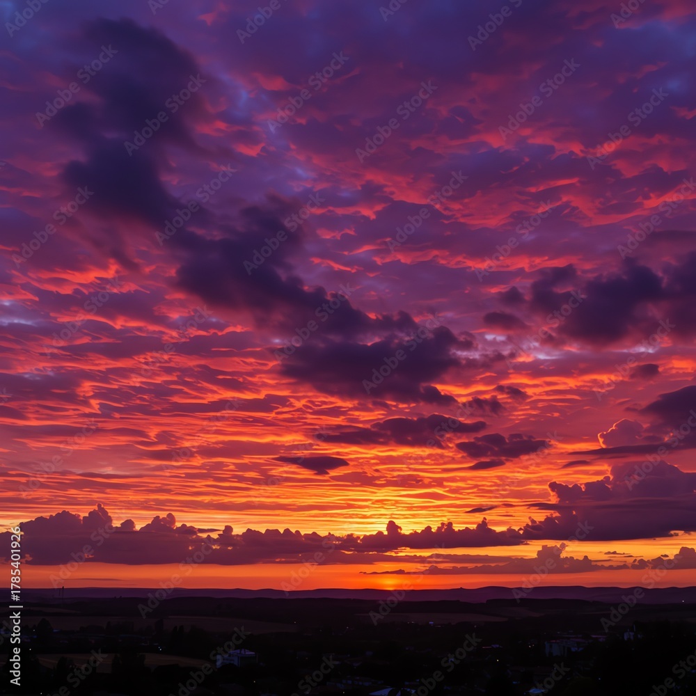Obraz premium Dramatic sunset sky with clouds over landscape