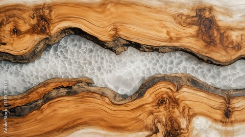 Abstract background of a live edge olive wood slab with a flowing white epoxy resin river creating a unique natural texture