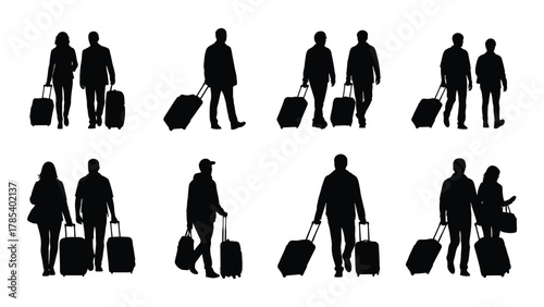 Travelers with luggage silhouettes isolated on white background, Vector