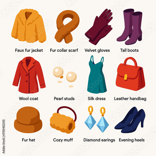 Winter Fashion Icons. Winter Luxury Layering modern flat icon set: faux fur jacket, fur collar scarf, velvet gloves, tall boots, wool coat, pearl studs, silk dress, leather handbag