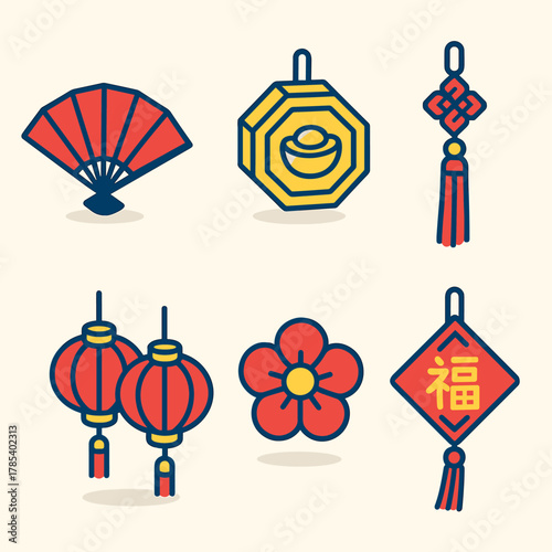 Lunar New Year Icons. Lunar New Year Auspicious Decorations modern flat icon set: paper fan, gold ornament, red tassel, lantern pair, flower, prosperity charm.
