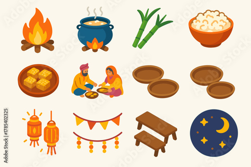 Vibrant Lohri Icons. Lohri Community Feast modern flat icon set: bonfire center, large serving pot, sugarcane sticks, popcorn bowl, sesame sweets, villagers eating together,
