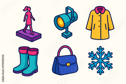 Winter Fashion Icons. Winter Fashion Runway modern flat icon set: model silhouette, spotlight, coat, boots, handbag, snowflake.