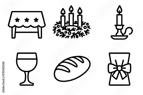 Festive Dinner Icons. Christmas Dinner Setting outline icon set: tablecloth, candleholder, wreath centerpiece, goblet, bread loaf, ribbon napkin.