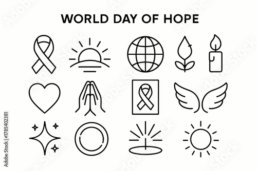 World Hope Icons. World Day of Hope outline icon set: red ribbon, sunrise horizon, globe, candle flame, heart symbol, hands together, awareness poster, wings, star spark, healing