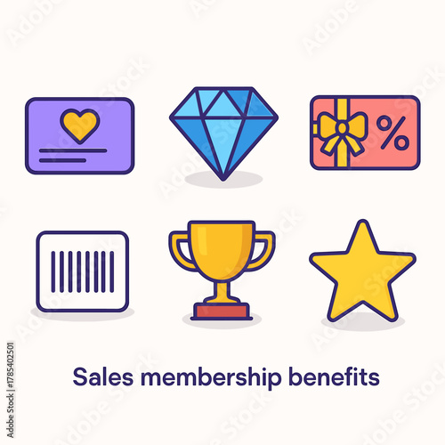 Membership Benefits Icons. Sales Membership Benefits modern flat icon set: loyalty card, diamond, gift voucher, trophy, barcode, star symbol.