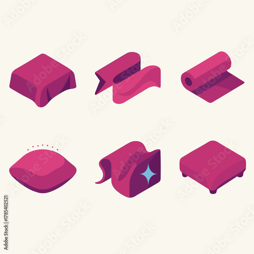 Vibrant Fabric Icons. Velvet & Satin Textures modern flat icon set: elegant fabric, folded ribbon, plush surface, shimmer wave, textile roll, smooth fold, light reflection, cushion