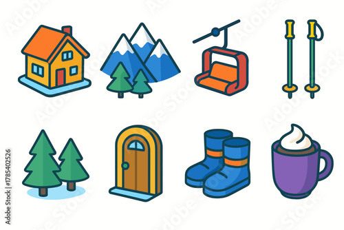 Alpine Ski Icons. Alpine Hamlet modern flat icon set: ski lodge, mountain peak, chairlift, ski poles, pine forest, cabin door, snow boots, hot cocoa.