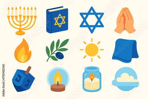 Hanukkah Icon Collection. Hanukkah Blessing Moment modern flat icon set: menorah candles, prayer book, Star of David, hands together, flame, olive branch, light aura, blue fabric,