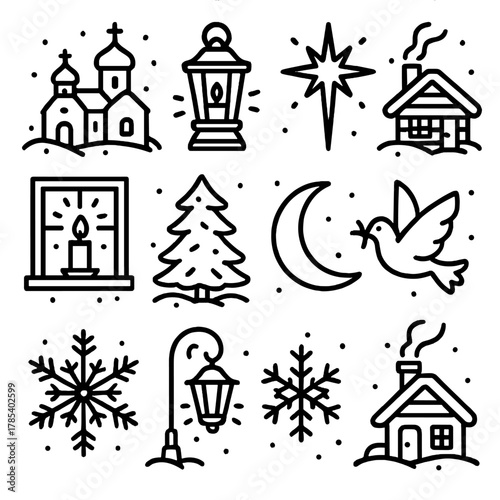 Christmas Village Icons. Orthodox Christmas Village Lights outline icon set: snowy church, glowing lantern, star of Bethlehem, wooden house, candle in window, pine tree, crescent
