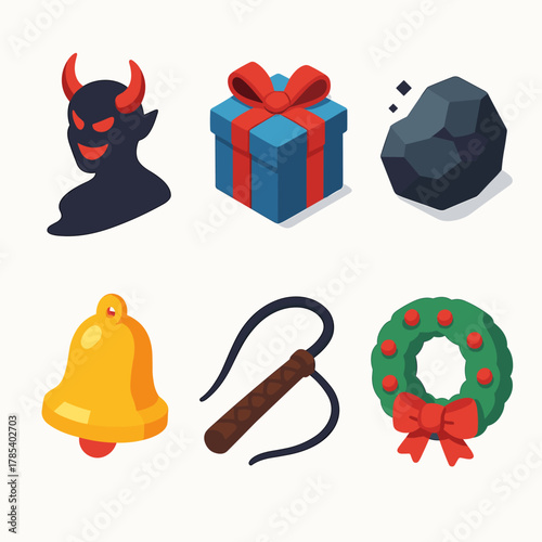 Festive Icon Collection. Festive Duality modern flat icon set: horned shadow, wrapped gift, coal piece, golden bell, whip, wreath.