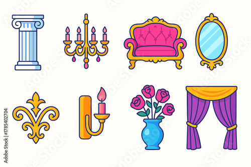 Modern Palatial Icons. Palatial Interior modern flat icon set: marble column, chandelier, grand sofa, ornate mirror, gold detailing, wall sconce, vase of roses, draped curtain.