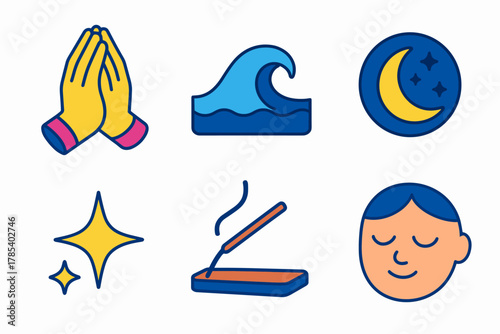 Peaceful Icon Set. Peaceful Moments modern flat icon set: folded hands, calm wave, moon glow, incense stick, star sparkle, resting face.