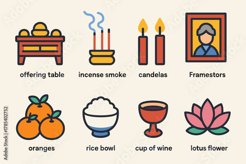 Lunar New Year Altar Icons. Lunar New Year Family Altar modern flat icon set: offering table, incense smoke, candle flames, framed ancestors, oranges, rice bowl, cup of wine, lotus