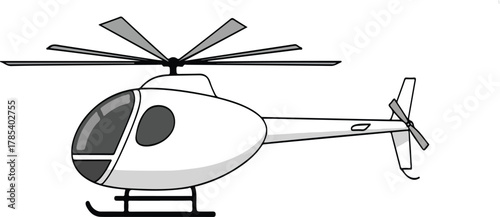 Illustration of a white helicopter with rotating blades against a plain background.