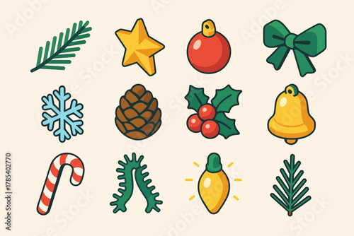 Festive Holiday Icons. Christmas Pine Garland modern flat icon set: pine branch, golden star, ornament ball, ribbon bow, snowflake, pinecone, holly berries, bell, candy cane,