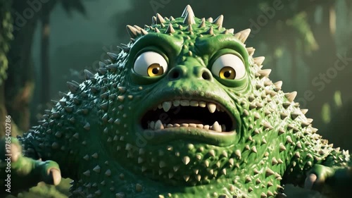 Close-up of a green monster with wide eyes and open mouth, expressing surprise or fear in a cartoon style.