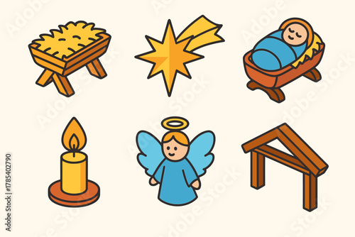 Holy Night Icons. Holy Night modern flat icon set: manger, star of Bethlehem, baby in cradle, candle flame, angel, stable roof.