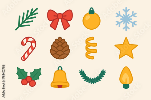 Festive Christmas Icons. Christmas Pine Garland modern flat icon set: pine branch, red bow, golden ornament, snowflake, candy cane, pinecone, ribbon curl, star, holly berries, bell