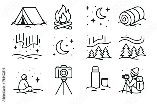 Winter Stargazing Adventure. Winter Aurora Experience outline icon set: tent, campfire, sleeping bag, night sky, green lights, snowy field, pine forest, stargazer, camera, tripod,