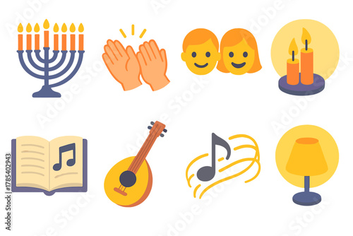 Musical Family Icons. Family Song Gathering modern flat icon set: menorah centerpiece, hands clapping, smiling faces, candles glowing, open lyrics sheet, string instrument, musical