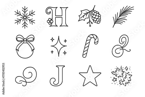 Festive Lettering Icons. Seasonal Lettering Set outline icon set: script font, snowflake design, ornamented initial, ribbon curve, pinecone accent, glitter shimmer, candy stripe,