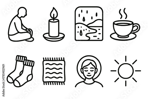 Cozy Winter Icons. Winter Calm outline icon set: seated figure, candlelight, wool socks, misty window, cup of tea, cozy rug, peaceful mind, glowing background.